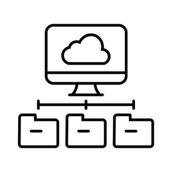 Single cloud icon rests on desktop computer that connects to three folder outlines vector