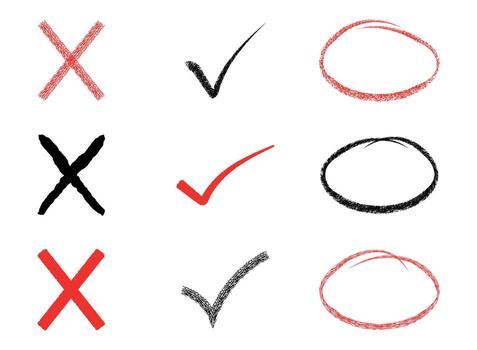 Hand drawn red x, black and red check marks, and circles set. vector