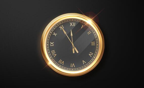 Classic golden clock with roman numerals and midnight time. Luxury New Year design element isolated on dark background vector