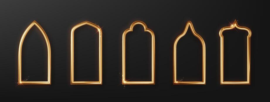 Gold arab windows frame realistic. Ramadan Kareem labels for invitation desing element. Arabic traditional frame set vector
