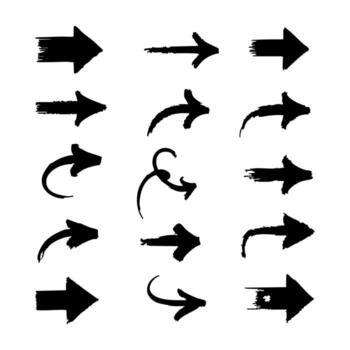 Set of 15 grunge arrow silhouettes pointing in various directions, hand drawn brush stroke style for navigation and web elements vector