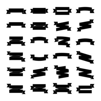 Collection of 25 black ribbon banner silhouettes on a white background, perfect for labels and text display vector