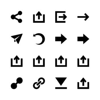 Web icon set silhouette representing various online actions including share upload download and navigation arrows isolated on white vector