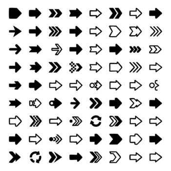 Collection of diverse black arrow silhouettes pointing in various directions, suitable for navigation and user interface elements. vector