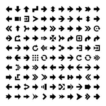 flecha silueta colección de varios direccional indicadores y formas aislado en blanco para navegación y usuario interfaz. vector