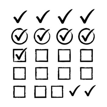 Hand drawn grunge checkmark and checkbox silhouette icon set for task lists and completion indicators vector