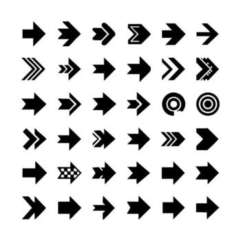 Set of 36 arrow silhouettes pointing right, left, up, and down, representing direction, navigation, and progress. vector
