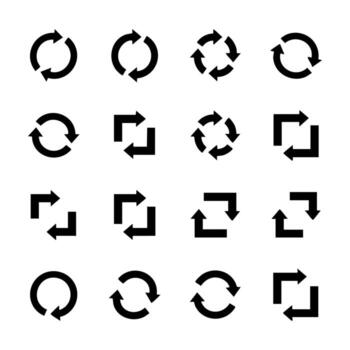 dieciséis actualizar y recargar silueta íconos con bucle flechas para usuario interfaz y web desarrollo vector