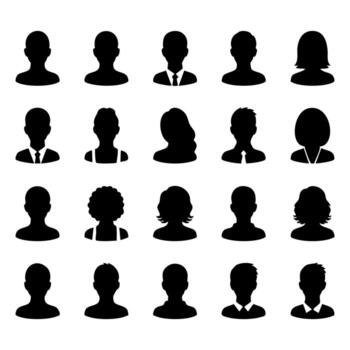 Set of 20 diverse user profile silhouettes featuring male and female avatars for web and app interfaces vector