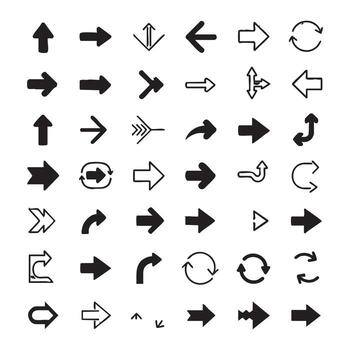 exhaustivo colección de diverso flecha silueta íconos ilustrando dirección movimiento navegación y interfaz conceptos vector