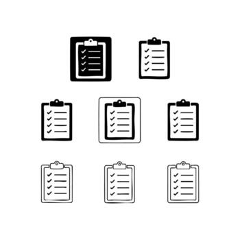 Eight hand drawn clipboard icons with checklist marks presented in a black and white silhouette style for task management and planning vector