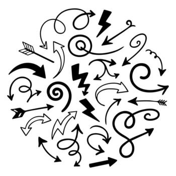 Hand drawn arrow and lightning bolt silhouettes collection arranged in a circular pattern on a clean white background vector