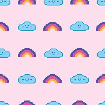 Cute Pixel Clouds and Rainbows Illustration Pattern. Perfect for playful designs and whimsical backgrounds. vector