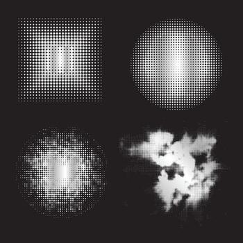 Abstract silver glowing halftone dotted background. Set of silver glitter patterns in circle form. Circle halftone dots. vector