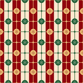 A seamless repeating geometric pattern featuring Christmas colors, alternating stripes and stylized gold and green snowflakes within circles vector