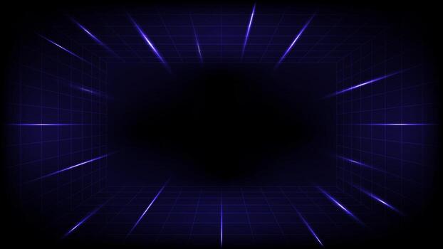 A futuristic technology or retro 80s style background with a deep blue glowing neon perspective grid extending into darkness, framed by bright light streaks vector