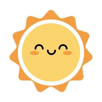 Smiling sun with closed eyes and blush cheeks on soft background, perfect for kids content, weather themes, kawaii design, and cheerful branding visuals. vector