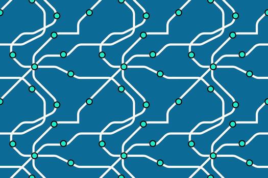 Seamless tech pattern with white paths and green nodes on blue backdrop, perfect for themes like AI, data flow, networks, and innovation. vector