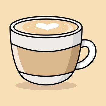 Cup of latte with heart shaped foam art on beige background, perfect for coffee themes, cafe branding, menu design, lifestyle content, and cozy visuals. vector