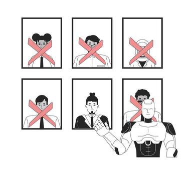 Bias in artificial intelligence decision-making line illustration concept. Discrimination and racism in AI machine learning algorithm outline 2D characters isolated. Ink linear metaphor art vector