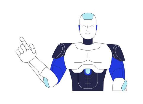 Smiling robot gesturing upward with finger 2D cartoon character. Technology mascot. Helpful guide. Robotic humanoid pointing up flat personage isolated on white. Spot illustration colorful vector