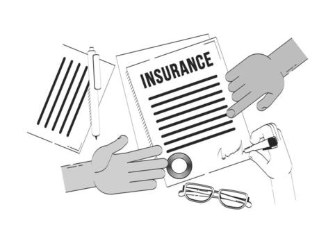 Insurance terms and conditions doodle line illustration concept. Policyholder paperwork. Hand signing coverage policy document 2D outline composition isolated. Hand drawn ink metaphor monochrome vector