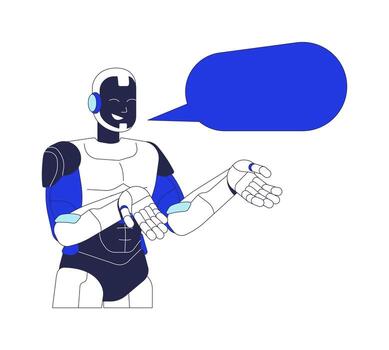 Smiling AI robot communicating with empty speech bubble 2D cartoon character. Digital assistant with dialog box. Friendly humanoid flat personage isolated on white. Spot illustration colorful vector