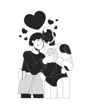 Human and AI relationship line illustration concept. Artificial intelligence attachment. Asian woman embracing humanoid robot affectionately outline 2D characters isolated. Ink linear metaphor vector