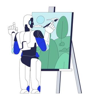 Artificial intelligence painting landscape 2D cartoon character. AI robot painter creating generative artwork on easel flat personage isolated on white. Spot illustration colorful vector
