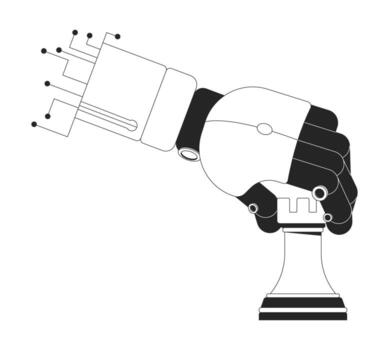 Robotic hand gripping rook chess piece outline illustration. AI robot arm holding chessman. Machine learning. Decision-making logic isolated 2D image black and white. Linear drawing clip art vector