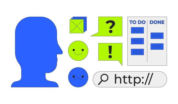 Head silhouette and digital interface ui elements 2D cartoon objects set. Feedback, profile human, task management isolated elements flat clip arts on white. Spot illustrations collection vector