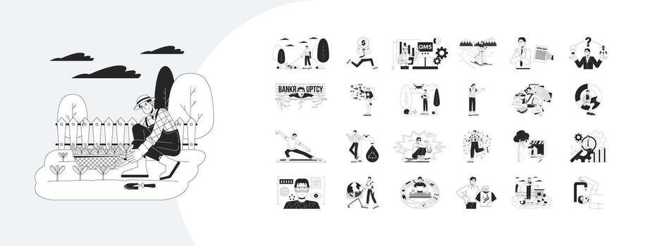Chinese man character with work and everyday scenes outline illustrations mega bundle. Business, farming, technology, charts 2D linear images isolated. Collection black and white drawings vector