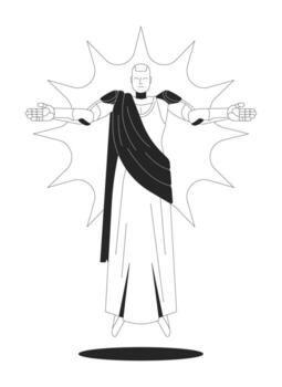 AI robot dressed as deity figure 2D line character. Artificial intelligence humanoid in robes, divine aura and extending arms isolated ink outline personage. Monochromatic spot illustration vector
