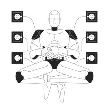 AI robot meditating while connected to power outlets 2D line character. Robotic humanoid plugged to recharge from electricity isolated ink outline personage. Monochromatic spot illustration vector