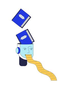 AI robot consuming books and generating data 2D cartoon character. Artificial intelligence machine learning, content creation flat personage isolated on white. Spot illustration colorful vector