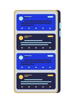 Smartphone interface with social media feed 2D cartoon object. Online posts. Digital interaction. App layout display. Mobile device isolated element flat clip art on white. Spot illustration vector