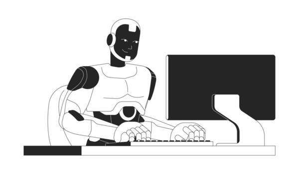 AI robot using computer for office work 2D line character. Digital workspace. Artificial intelligence at desk, typing keyboard isolated ink outline personage. Monochromatic spot illustration vector