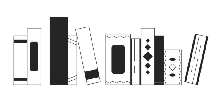 Arrangement of various books standing and leaning on shelf 2D line object. Casual reading habit, hardcover library. Bookshelf isolated clipart ink outline item. Monochrome spot illustration vector