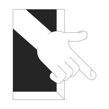 mano alcanzando fuera de interfaz marco contorno ilustración. interacción, asistencia, accesibilidad. usuario compromiso más allá límites aislado 2d imagen negro y blanco. lineal dibujo acortar Arte vector