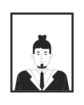 Employee of the month highlighted in frame 2D line character. Selected candidate. Professional european man with topknot and goatee isolated ink outline person. Monochromatic spot illustration vector