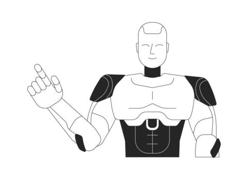 Smiling robot gesturing upward with finger 2D line character. Technology mascot. Helpful guide. Robotic humanoid pointing up isolated ink outline personage. Monochromatic spot illustration vector