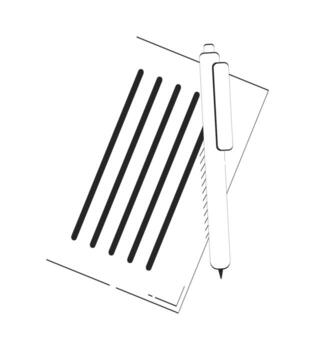 Pen on document paper for signing and writing doodle linear object. Fill form. Ballpoint pen with lined sheet 2D outline clip art drawing isolated on white. Hand drawn sketch illustration vector