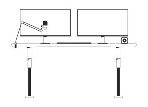 Professional dual-monitors desk setup with microphone arm 2D line object. Computer screens, keyboard, webcam, adjustable table isolated clipart ink outline item. Monochrome spot illustration vector
