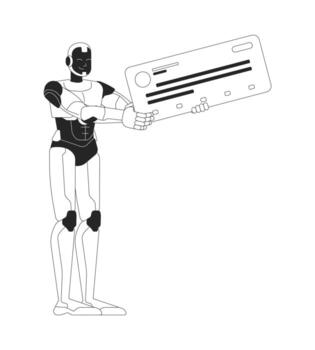 AI robot holding social media post 2D line character. Digital content sharing. Artificial intelligence humanoid algorithm online isolated ink outline personage. Monochromatic spot illustration vector
