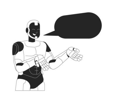 Smiling AI robot communicating with empty speech bubble 2D line character. Digital assistant with dialog box. Friendly humanoid isolated ink outline personage. Monochromatic spot illustration vector