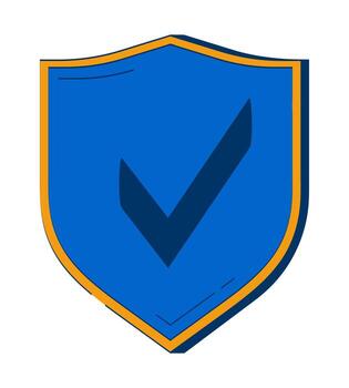 Security shield with checkmark 2D doodle object. Verified protection. Trusted safety. Check mark badge cartoon element flat clipart isolated on white background. Hand drawn illustration vector