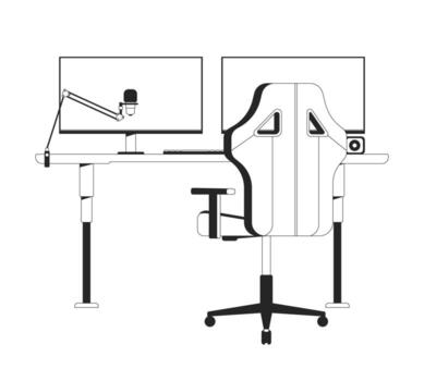 Dual monitor streaming desk setup 2D line object. Two computer screens with microphone arm, keyboard, webcam, ergonomic chair isolated clipart ink outline item. Monochrome spot illustration vector
