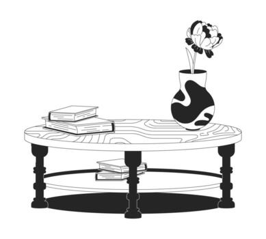 Coffee table styling with vase and books 2D line object. Wooden surface with peony flower, bookstack. Reading nook furniture isolated clipart ink outline item. Monochrome spot illustration vector