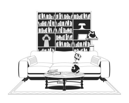 Cozy living room with bookshelf and sofa outline illustration. Home library furniture. Comfy couch, coffee table in reading nook 2D line scene isolated on white. Monochrome ink linear image vector