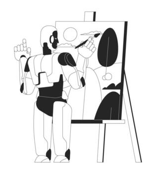 Artificial intelligence painting landscape 2D line character. AI robot painter creating generative artwork on easel isolated ink outline personage. Monochromatic spot illustration vector